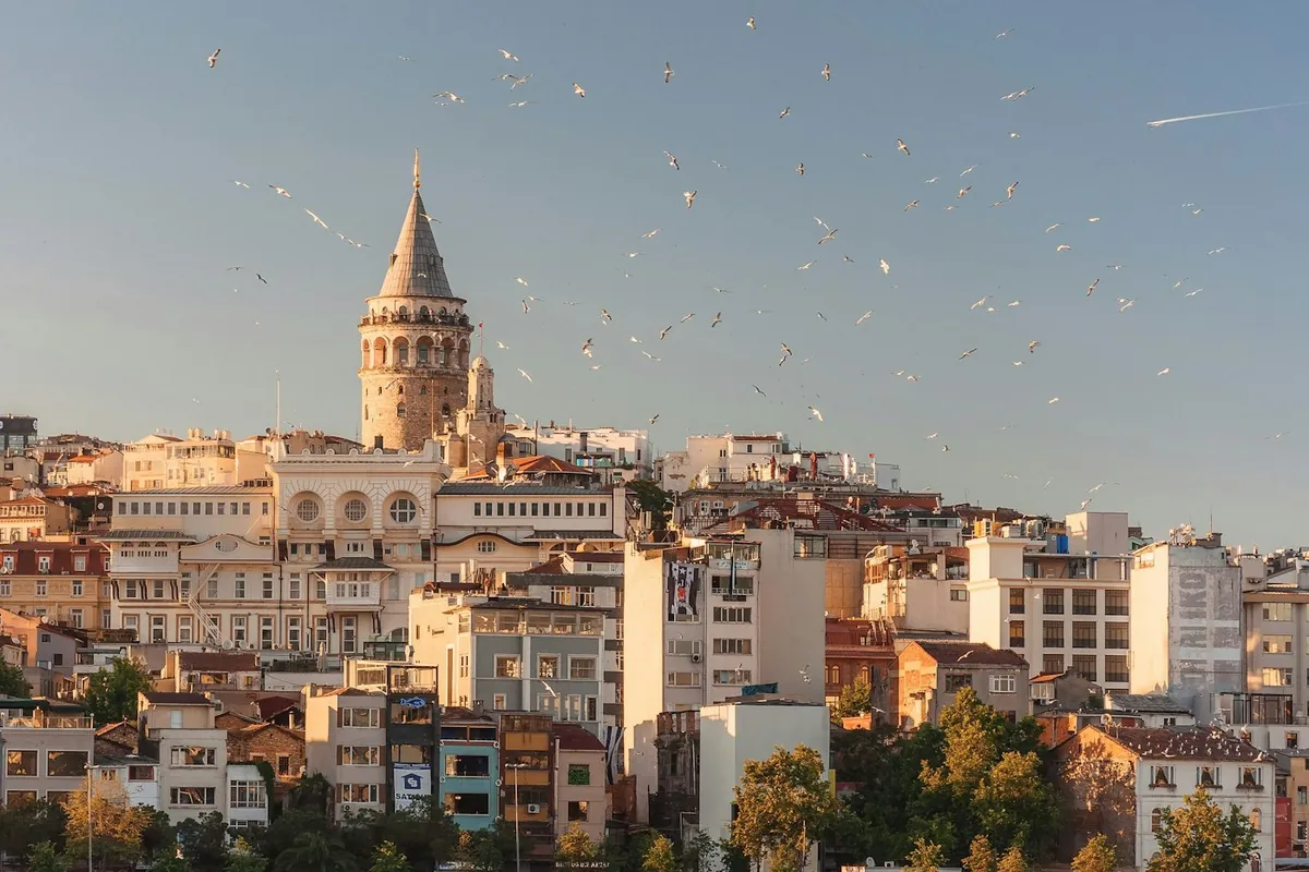 Istanbul rooftops and the Galata Tower at sunset